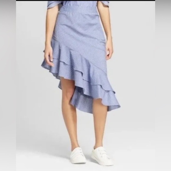 A New Day Skirt  Blue White Stripe Asymmetrical Ruffle Cotton High Waist… - Picture 10 of 11